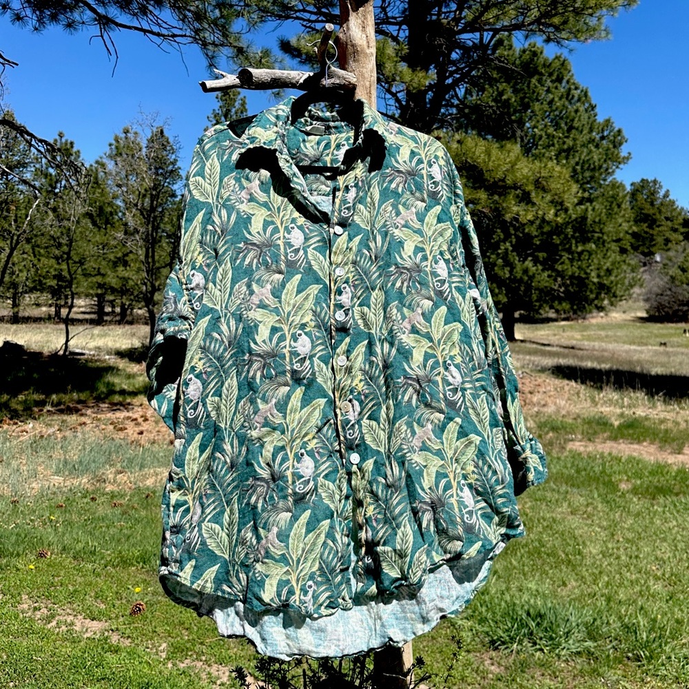 Indigo Swimwear - Linen Button-Up - Green Tropical Print - Small